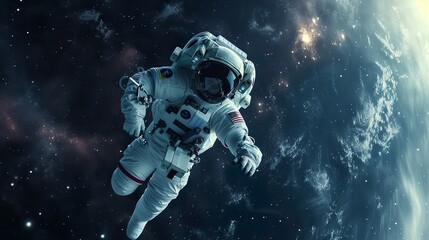 Astronaut at spacewalk. Cosmic art, science fiction wallpaper. Beauty of deep space. Billions of galaxies in the universe. contemplating the universe