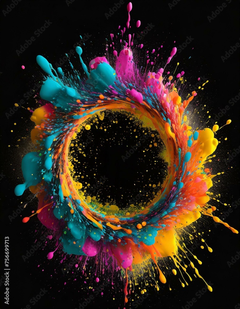Wall mural abstract circle liquid motion flow explosion. curved wave colorful pattern with paint drops on black