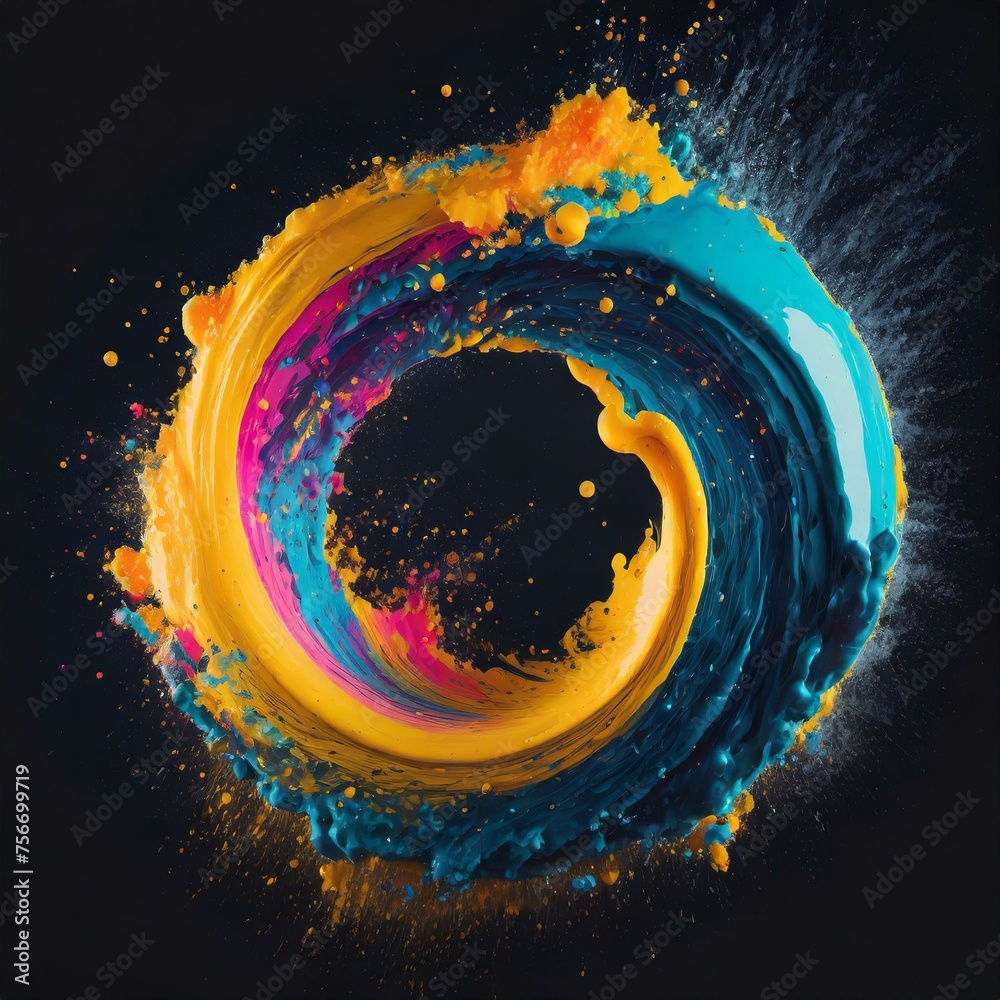 Wall mural abstract circle liquid motion flow explosion. curved wave colorful pattern with paint drops on black