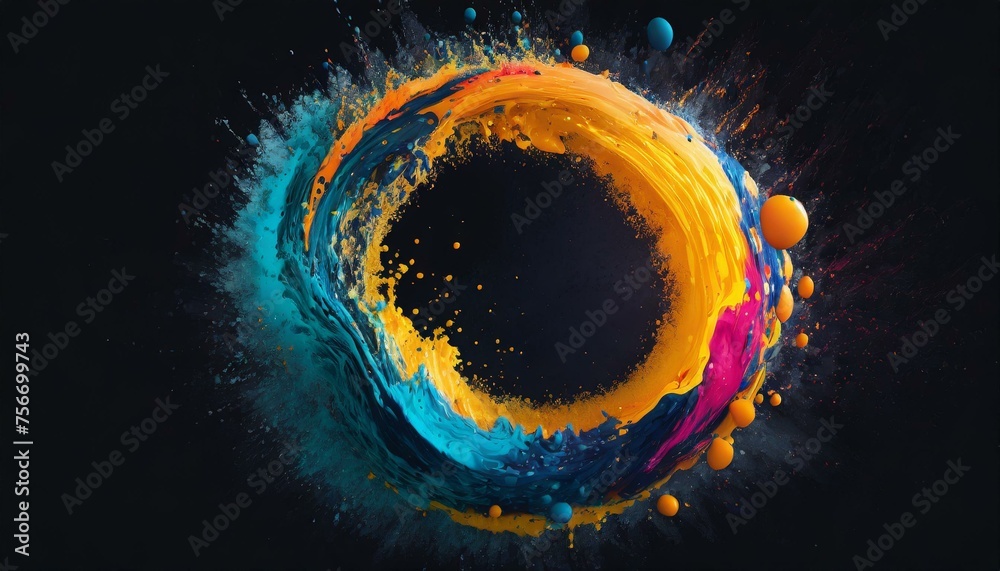 Wall mural abstract circle liquid motion flow explosion. curved wave colorful pattern with paint drops on black