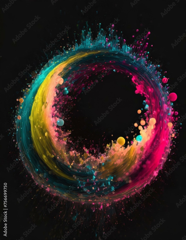 Wall mural abstract circle liquid motion flow explosion. curved wave colorful pattern with paint drops on black