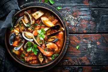 Savory Bouillabaisse with Vibrant Seafood Selection, Dark Wood Ambiance
