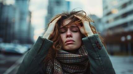 Fototapeta premium Fearful Woman Blocks Out Cityscape with Hands