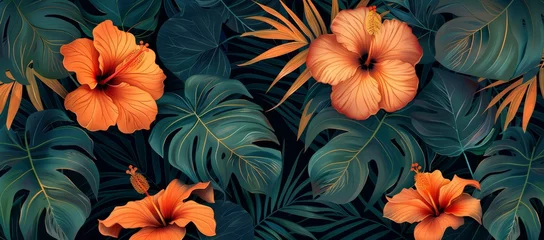 Meubelstickers Vector illustration of exotic flowers and leaves, tropical floral pattern with botanical foliage background for design elements © Photo And Art Panda