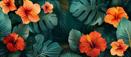 Vector illustration of exotic flowers and leaves, tropical floral pattern with botanical foliage background for design elements