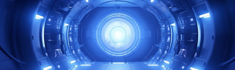 Futuristic sci-fi tunnel with neon blue lights for sleek banner design - obrazy, fototapety, plakaty