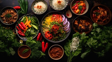 Fototapeta na wymiar Asian food background with various ingredients on rustic stone background, top view. Vietnam or Thai cuisine
