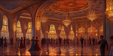 An art deco inspired ballroom from the 1920s, with elegant dancers and lavish decor. Resplendent.