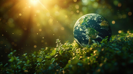 Obraz na płótnie Canvas Earth planet globe on green fresh grass and sun rays. Earth day concept. Environment Earth Day. Ecology. Save clean planet