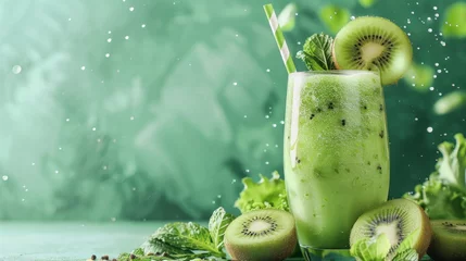 Poster A vibrant green smoothie sits beside fresh kiwis, radiating health and freshness © zainab