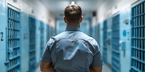 Confident prison guard ensures security by monitoring incarcerated individuals in prison cells. Concept Prison Guard, Security, Incarcerated Individuals, Monitoring, Prison Cells