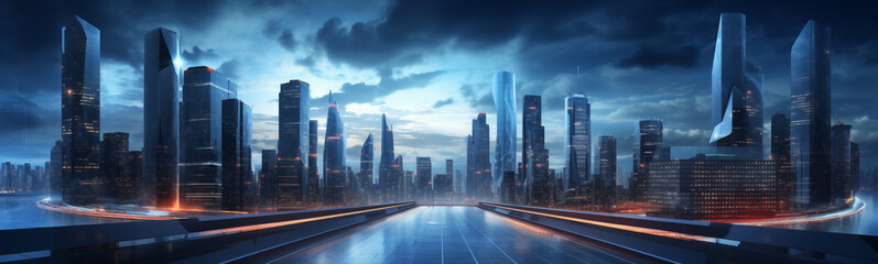 Fototapeta na wymiar Sci-fi urban skyline with fiery barrier for dramatic banner background