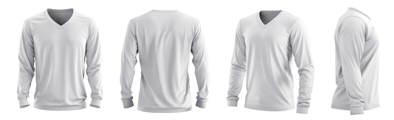 Set of men white front, back and side view V neck long sleeve tee shirt t-shirt on transparent background cutout, PNG file. Mockup template for artwork graphic design.	
