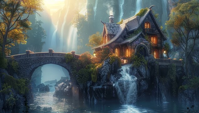 Fototapeta concept art of a fantasy medieval house on a cliff, with a rope bridge across the bottom and a river in front.