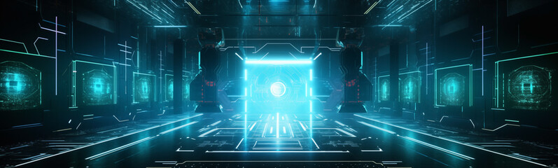 Blue-hued sci-fi portal in futuristic setting for a mesmerizing banner background