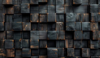 Dark gray background with wooden blocks of various sizes and shapes, arranged in an abstract pattern.
