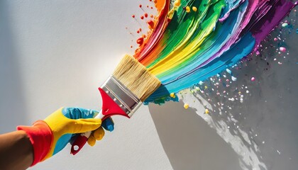 Hand with glove holding paint brush with rainbow color paint splash on white wall background - obrazy, fototapety, plakaty