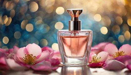 Glass perfume bottle with pink rose petals on blur bokeh background. Luxury fragrance. Mock-up. - obrazy, fototapety, plakaty