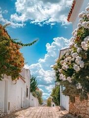 A cobblestone street is lined with white flowers under a cloudy blue sky.