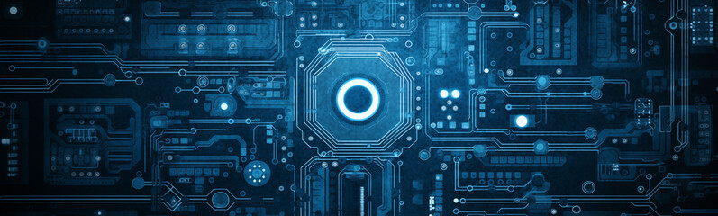 Intricate blue circuit board pattern for high-tech sci-fi banner design