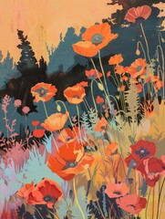A vibrant painting depicting a field of colorful flowers with tall trees in the background, creating a scenic landscape.