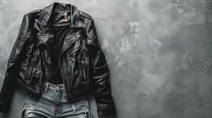 A black leather jacket hangs dramatically on a weathered wall - obrazy, fototapety, plakaty