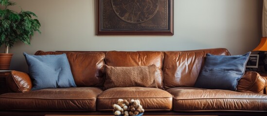 Brown leather sofa and pillows in the living room in the residence.