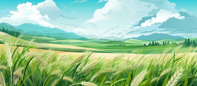 An art piece depicting a natural landscape with a field of wheat, green grassland, and mountains under a cloudy sky with cumulus clouds
