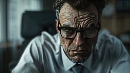 Intense Gaze of a Determined Professional,  close-up portrait of an intense, stern office worker with a focused gaze, illuminated by the ambient light of his office environment