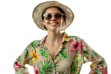Portrait happy woman with summer holiday beach outfits isolated on transparent background for realax at beach on vacation, travel and holidays vacation concept.