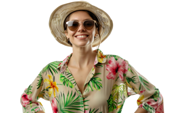 Portrait happy woman with summer holiday beach outfits isolated on transparent background for realax at beach on vacation, travel and holidays vacation concept.