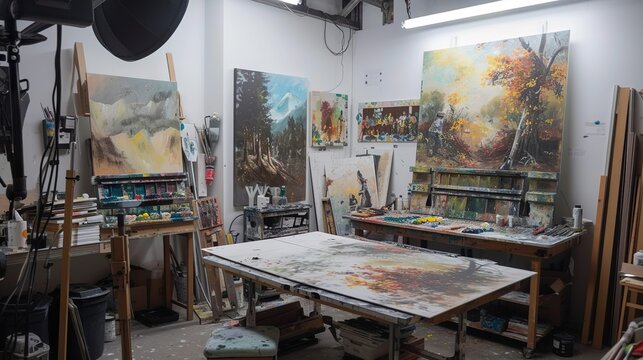 Painter's Workspace: A Painting on an Easel in an Art Studio