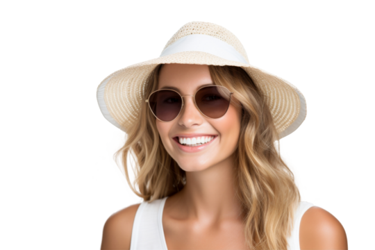 Portrait happy woman with summer holiday beach outfits isolated on transparent background for realax at beach on vacation, travel and holidays vacation concept.