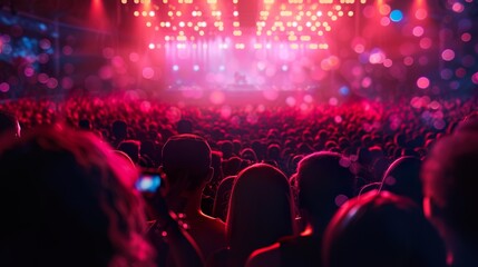 Fototapeta na wymiar A crowded concert hall with scene stage lights , rock show performance, with people silhouette, on dance floor air during a concert festival