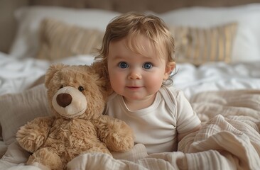 A happy toddler lays on a wood bed, cuddling a teddy bear for comfort