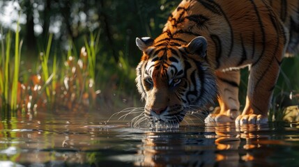 Thirsty Tiger at Dusk, Majestic Bengal tiger quenches its thirst in a tranquil forest pool as the evening light glistens through the foliage - obrazy, fototapety, plakaty
