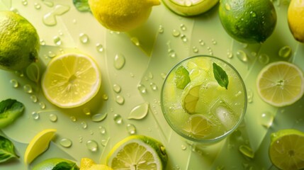 A glass containing water with slices of lemons and limes arranged artistically around it - Powered by Adobe