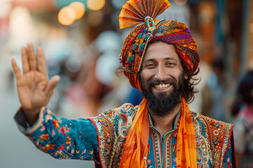 A man with a beard and a turban is smiling and waving. He is wearing a yellow shirt. cheerful Indian man in traditional clothes and turban smiling and making stop sign while standing on blur street - obrazy, fototapety, plakaty