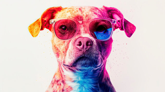 Cartoon colorful dog with sunglasses on white background, a whimsical depiction