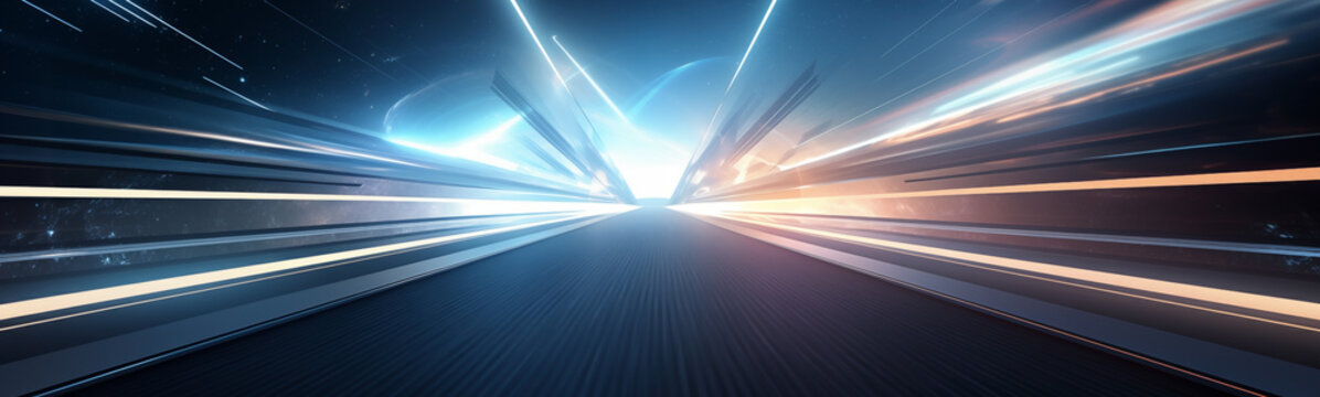 Speed of light travel banner on futuristic sci-fi inspired roadway background