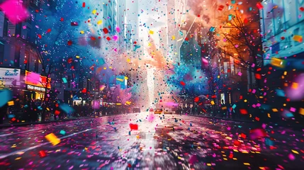 Papier Peint photo autocollant Carnaval Colorful confetti on the street, Generative AI Art