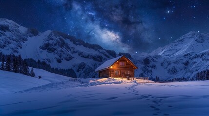 Glowing window in a wooden cabin at a snowy hill under the milky way. Finland - obrazy, fototapety, plakaty