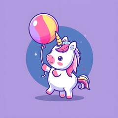 Cute unicorn with balloons cartoon, vector illustration. Stand unicorn funny logo design inspiration.