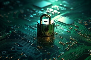 A padlock securely fastened on top of a circuit board, symbolizing data security, encryption, technology protection, and cyber security measures.