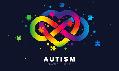 Autistic Pride Day. Colorful rainbow infinity and heart. Autism awareness symbol. Infinity sign color spectrum. Rainbow gradient in the shape of the infinity sign. Neurodiversity Symbol