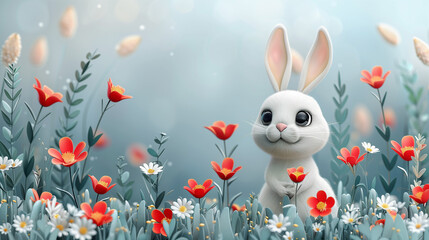 3D cute white rabbit with big eyes in the meadow surrounded flowers