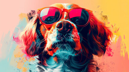 Cartoon colorful dog with sunglasses on colored light background - obrazy, fototapety, plakaty