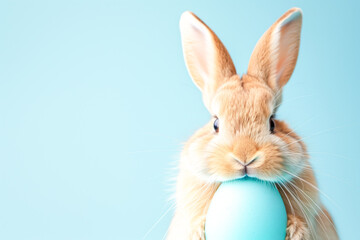 Obraz premium Easter bunny rabbit with blue painted egg on blue background. Easter holiday concept.