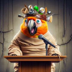 mad parrot speaks from the podium