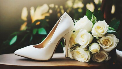  Wedding background. White elegant high heel wedding bridal shoes and beautiful white roses flower bouquet 